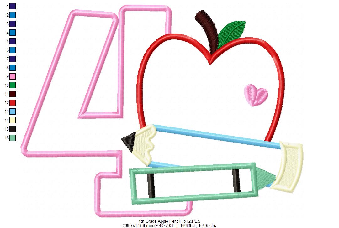 4th Grade Apple, Pencil and Crayon - Applique
