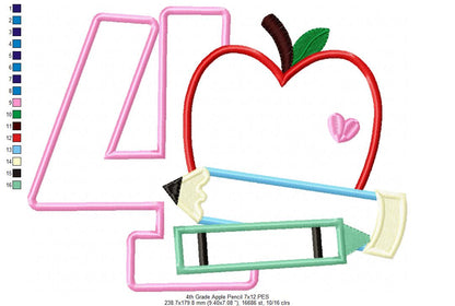 4th Grade Apple, Pencil and Crayon - Applique