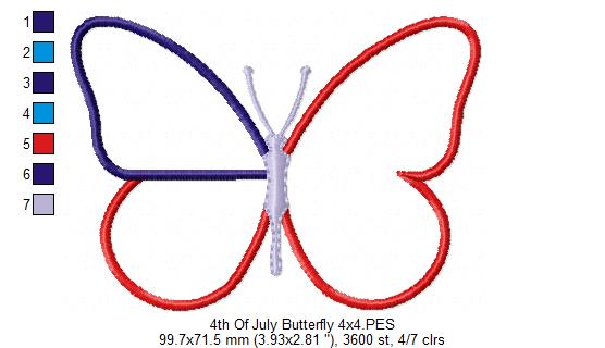 Patriotic Butterfly 4th of July Independence Day - Applique - 4x4 5x4 5x7 5x8 6x10 7x12