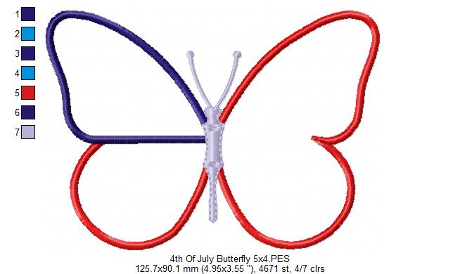 Patriotic Butterfly 4th of July Independence Day - Applique - 4x4 5x4 5x7 5x8 6x10 7x12