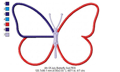 Patriotic Butterfly 4th of July Independence Day - Applique - 4x4 5x4 5x7 5x8 6x10 7x12