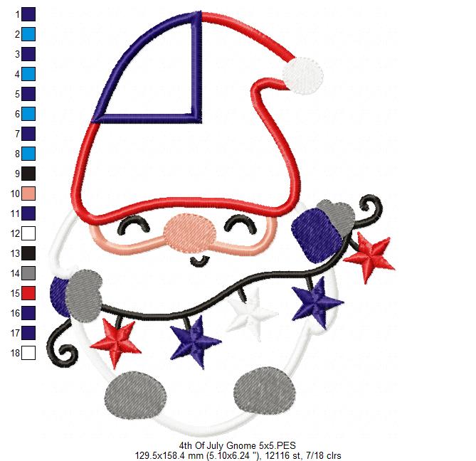 Patriotic 4th of July Gnome - Applique - 4x4 5x5 6x6 7x7