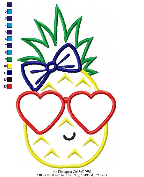 Summer 4th of July Pineapple Girl with Glasses - Applique
