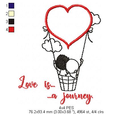 Couple on air balloon - Redwork - Machine Embroidery - 5 Sizes