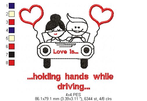 Couple in Car- Redwork - Machine Embroidery - 5 Sizes