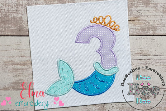Mermaid Tail Number 3 Three 3rd Third Birthday - Applique