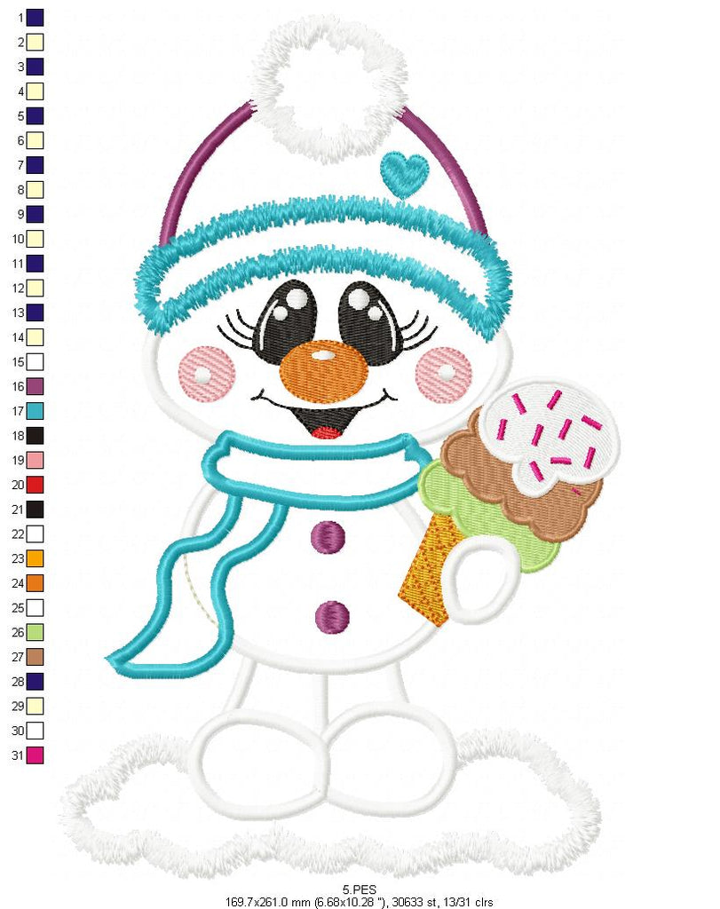 Cute Snowman  - Applique - 6 Sizes - Machine Embroidery Designs