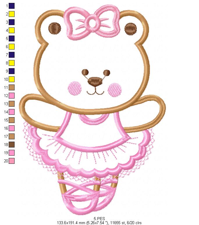 Teddy Bear Girl Ballerina -Applique - 6 Sizes - Machine Embroidery Design