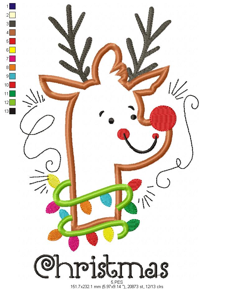 Christmas Rudolf Reindeer  - Applique - 6 Sizes - Machine Embroidery Designs