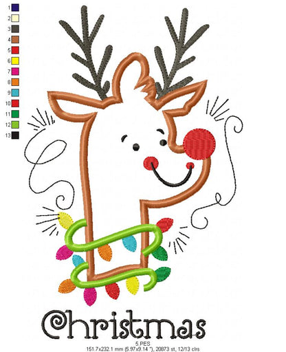 Christmas Rudolf Reindeer  - Applique - 6 Sizes - Machine Embroidery Designs