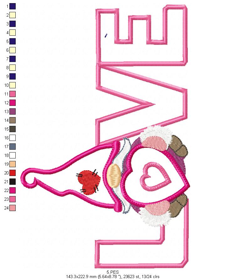 Valentines Love Gnome 2 - Applique - Machine Embroidery Designs