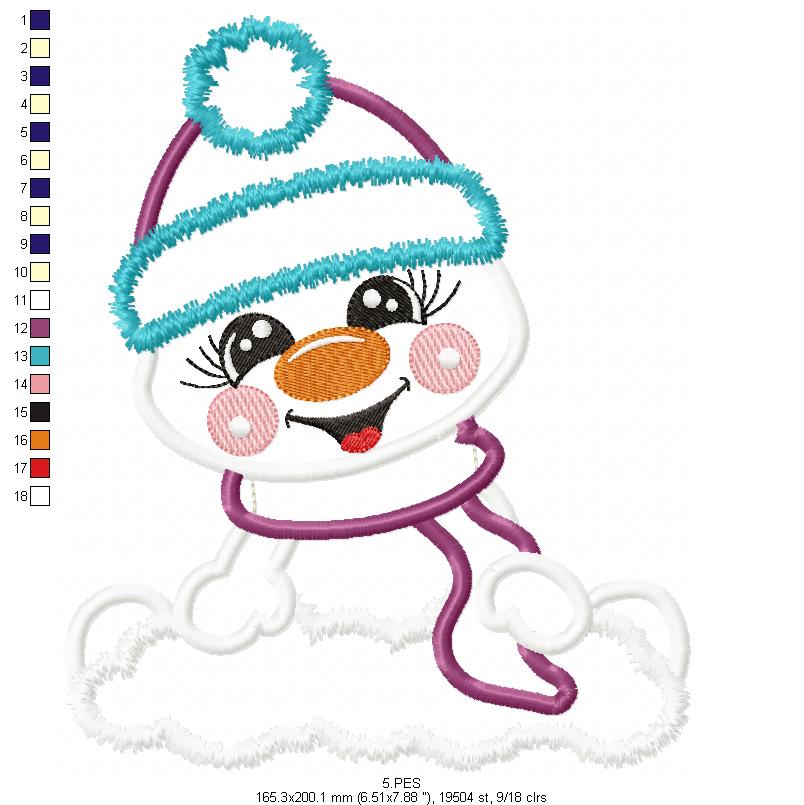 Cute Snowman  - Applique - Machine Embroidery Design