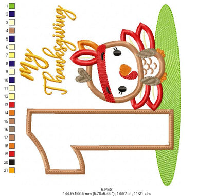 My First  Thanksgiving  Boy - Turkey with Bow - Machine Embroidery Design