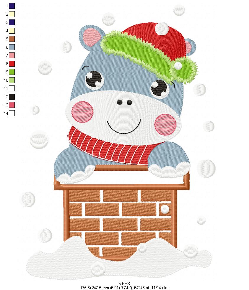Christmas Hippo in the chimney - Applique / Fill Stitch - 6 Sizes - Machine Embroidery Designs