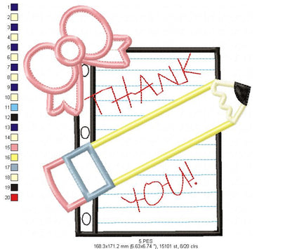 Pencil with Bow - Back to School - Applique - Machine Embroidery Design