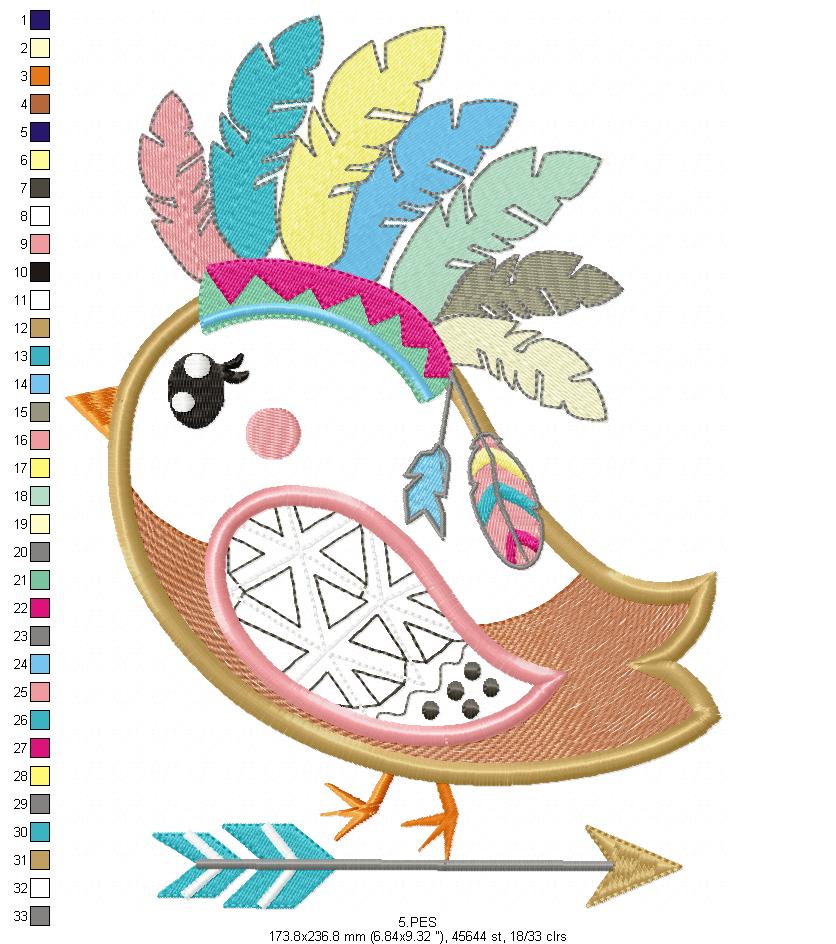 Bird Boho embroidery - Applique - 6 Sizes  - Machine Embroidery Design