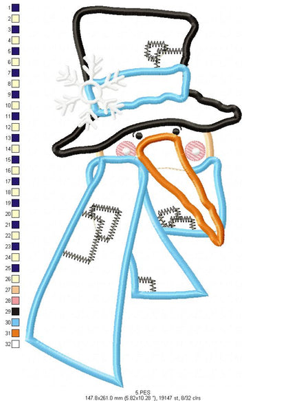 Snowman - 6 Sizes - Applique - Machine Embroidery Design