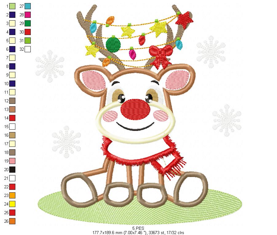 Christmas Rudolf Reindeer - Applique - 6 Sizes - Machine Embroidery Designs