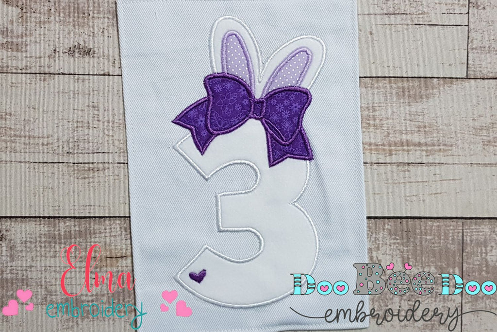 Easter Bunny Ears and Bow Number 3 Three 3rd Third Birthday - Applique
