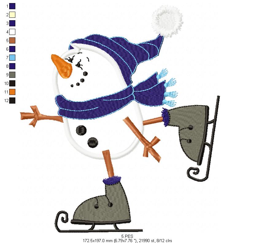 Snowman skiing in the snow - Applique -6 Sizes - Machine Embroidery Designs