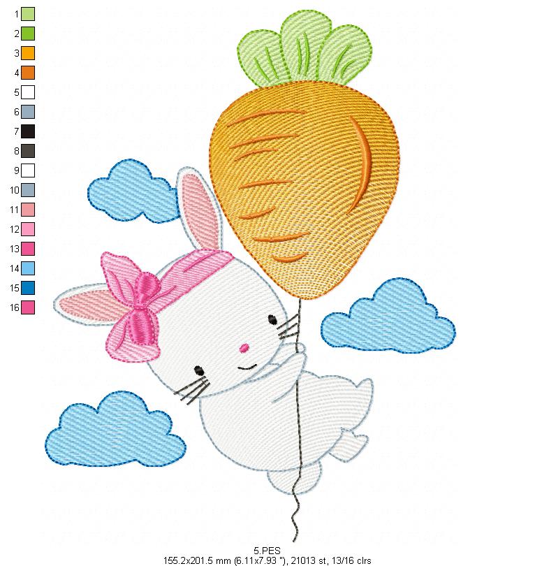 Cute bunny in carrot balloon - Fill Stitch - Machine Embroidery Designs