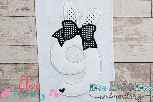 Easter Bunny Ears and Bow Number 9 Nine 9th Nineth Birthday - Applique