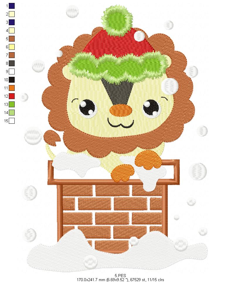 Christmas Lion in the chimney - Applique / Fill Stitch - 6 Sizes - Machine Embroidery Designs