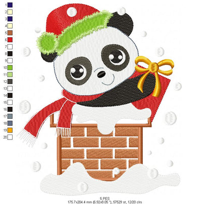 Christmas Panda in the chimney  - Applique / Fill Stitch - 6 Sizes - Machine Embroidery Designs