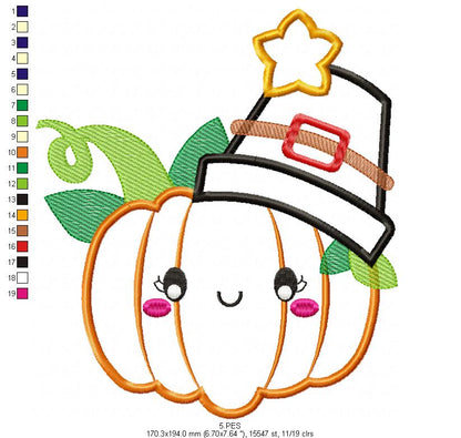 Thanksgiving Pumpkin - Applique / Fill Stitch - 6 Sizes - Machine Embroidery Design