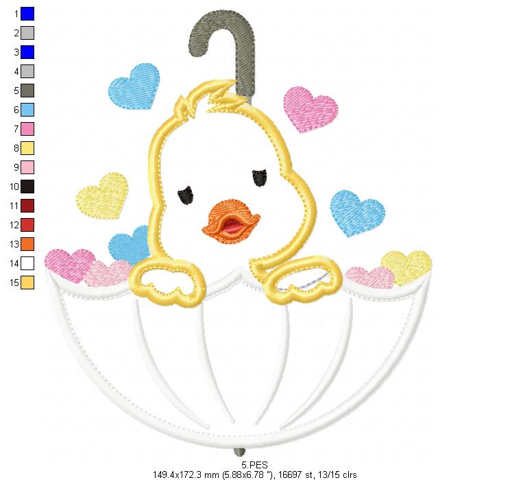 Duckling in Umbrella  - Applique -  6 Sizes  - Machine Embroidery Design