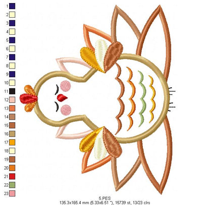 Thanksgiving Turkey - Applique  - 6 sizes - Machine Embroidery Design