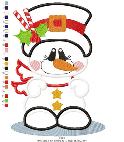 Christmas Snowman  - Applique - Machine Embroidery Design