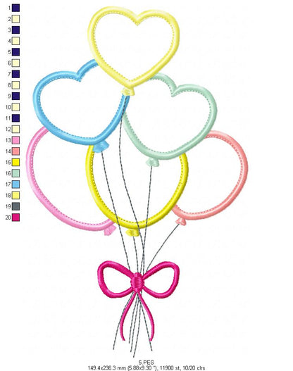 Heart balloon- Applique - 6 Sizes - Applique - Machine Embroidery Designs