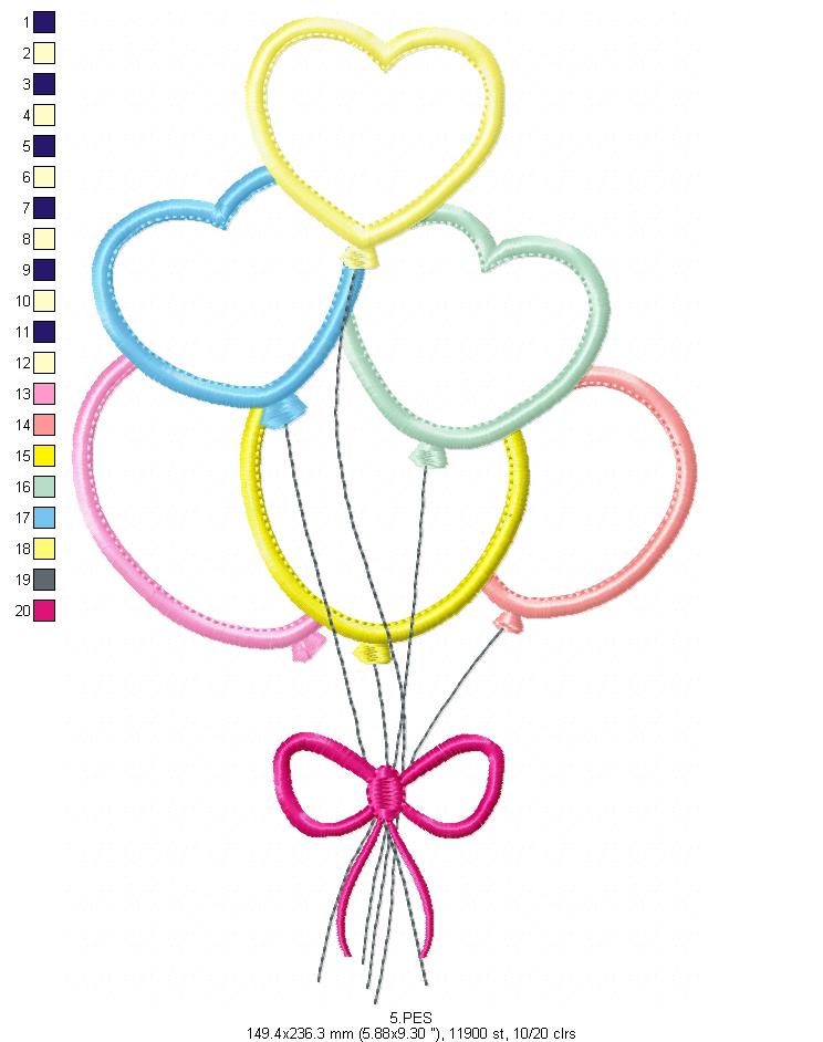 Heart balloon- Applique - 6 Sizes - Applique - Machine Embroidery Designs