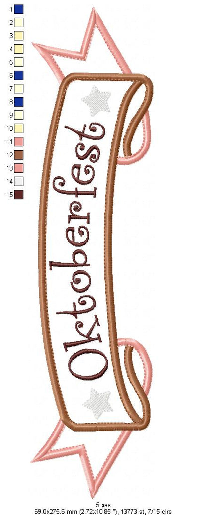Oktoberfest -   Banner  - Germany  -  Applique  - 6 sizes -  Machine Embroidery Design