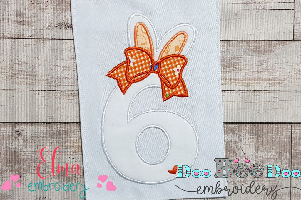 Easter Bunny Ears and Bow Number 6 Six 6th Sixth Birthday - Applique
