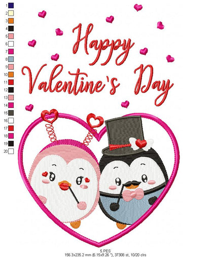 Couple of love penguins - Valentine's Days - 6 Sizes  - Machine Embroidery Design