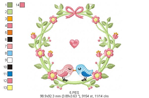 Couple of birds in the frame - Fill Stitch - 5 Sizes - Machine Embroidery