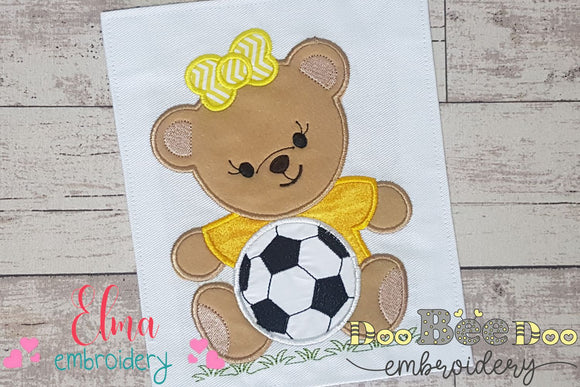 Teddy Bear with Bow and Soccer Ball - Applique