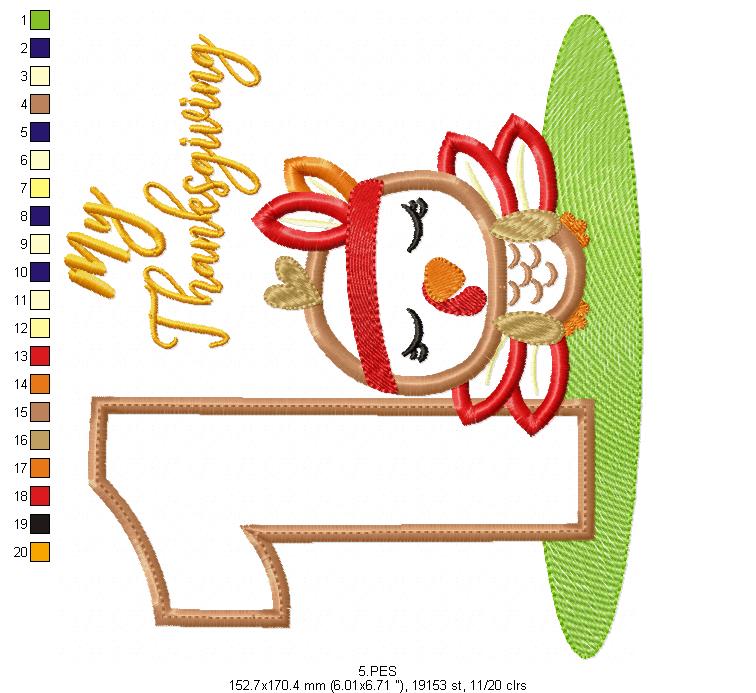 My First  Thanksgiving  Girl - Turkey with Bow - Machine Embroidery Design