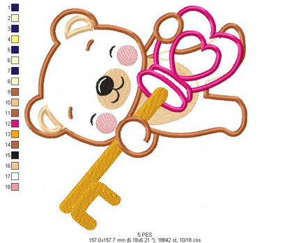 Couple of teddy bears key and lock - Applique - Machine Embroidery Designs