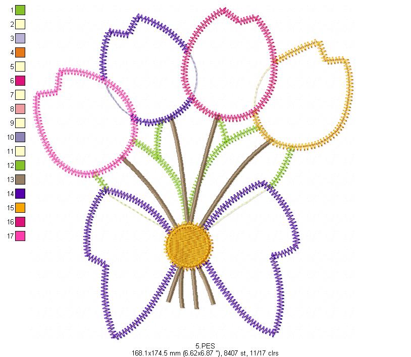 Four Tulips Bouquet - Applique Zig Zag - 6 Sizes - Machine Embroidery Designs