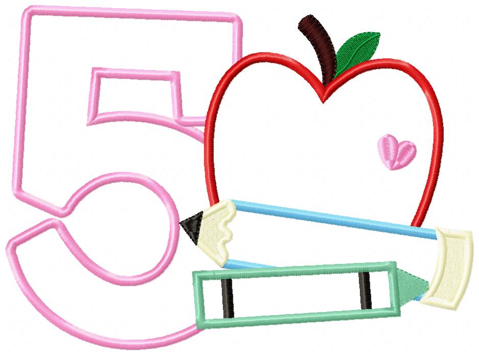 5th Grade Apple, Pencil and Crayon - Applique