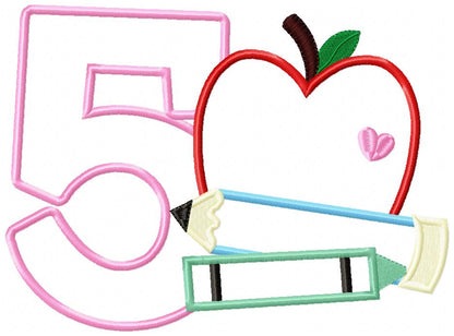 5th Grade Apple, Pencil and Crayon - Applique