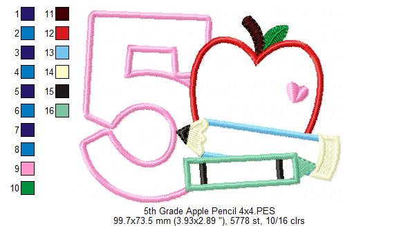 5th Grade Apple, Pencil and Crayon - Applique