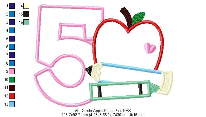 5th Grade Apple, Pencil and Crayon - Applique