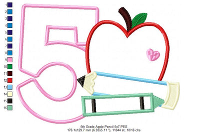 5th Grade Apple, Pencil and Crayon - Applique