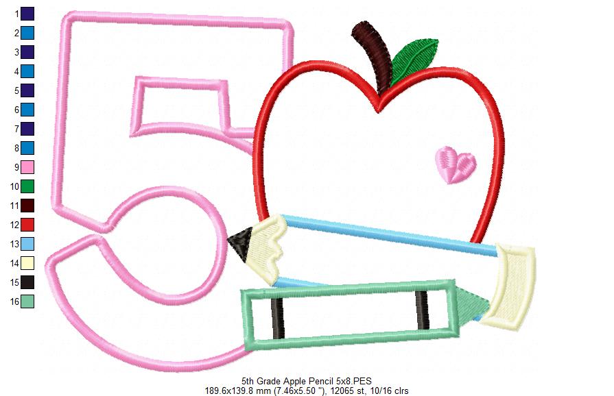 5th Grade Apple, Pencil and Crayon - Applique