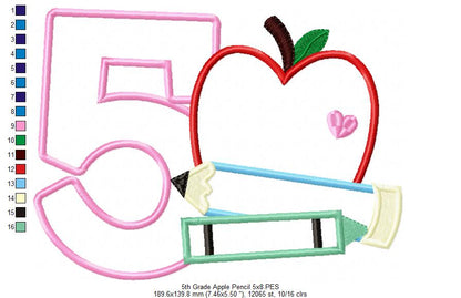 5th Grade Apple, Pencil and Crayon - Applique
