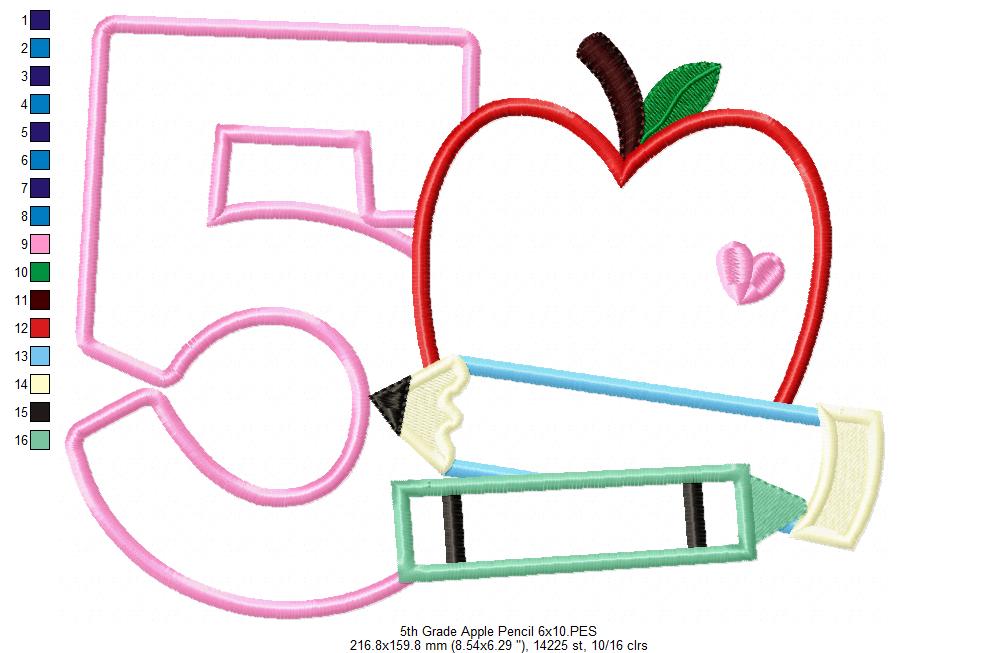 5th Grade Apple, Pencil and Crayon - Applique